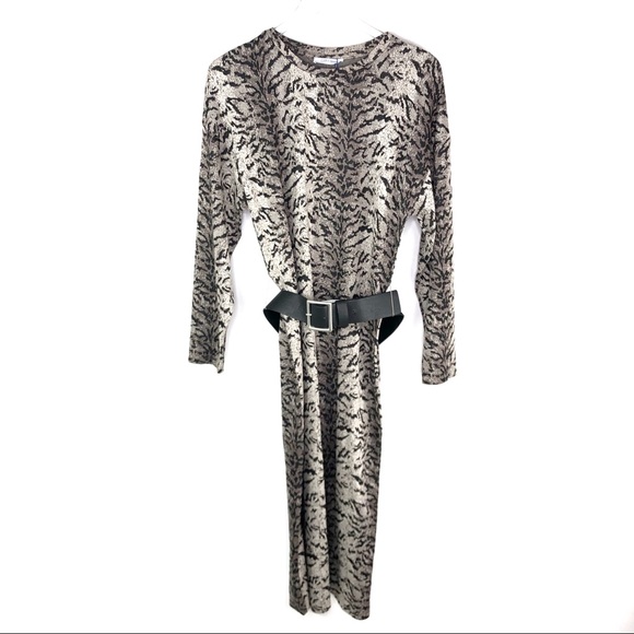 Zara Animal Print Belted Long Sleeve Midi Dress Knit Small Gray Black - Picture 2 of 5